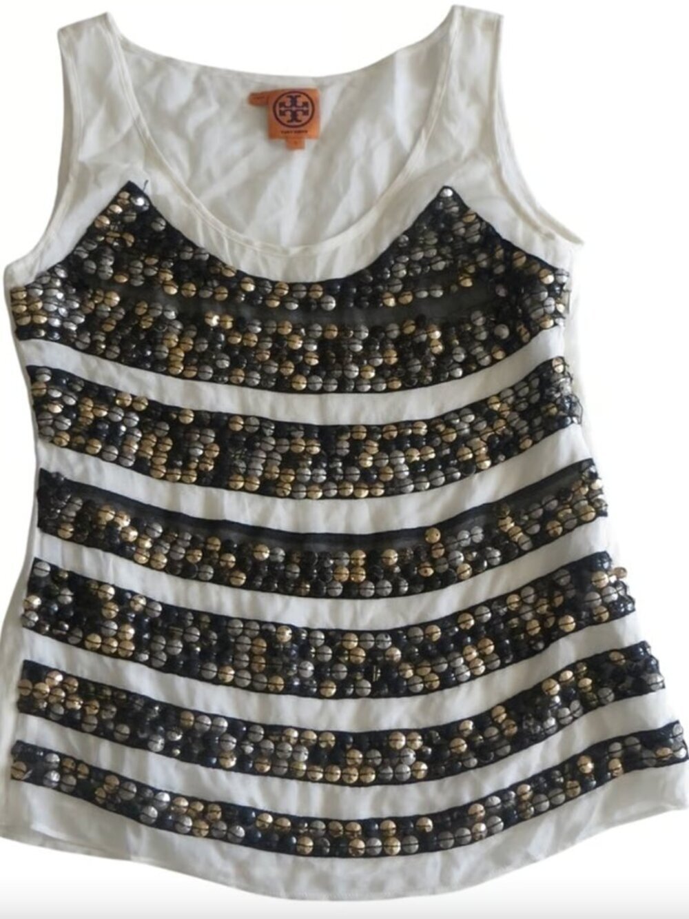 Tory Burch Cream 100% Silk Metallic Embellished Stripe Blouse Top • Size 2